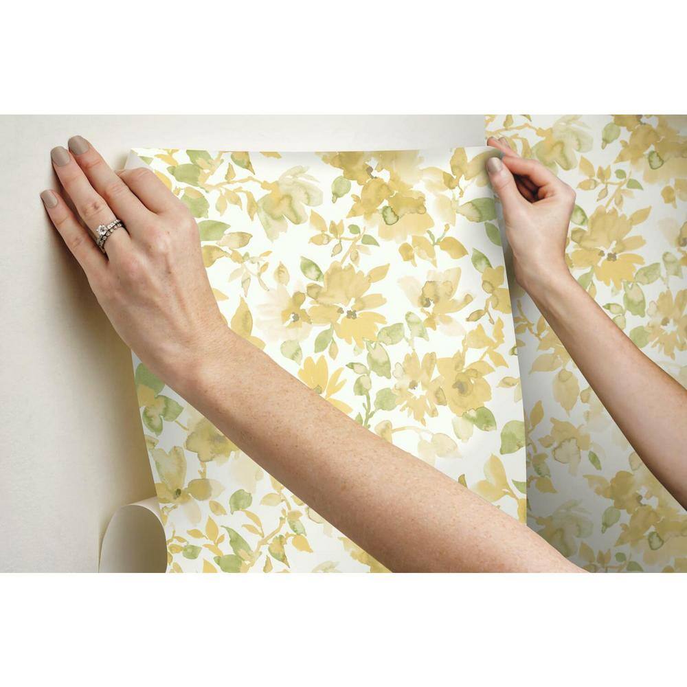 Yellow and Green Watercolor Floral Peel and Stick Wallpaper Roll