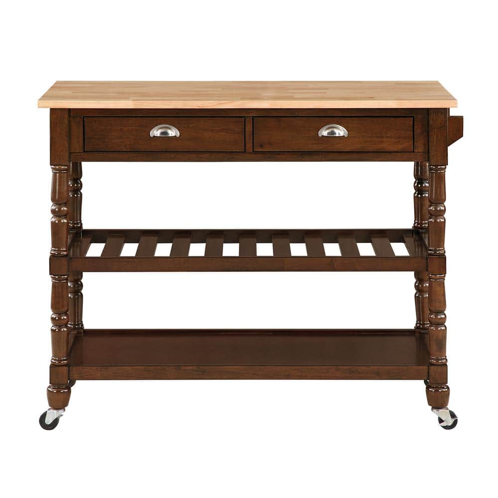 Espresso Solid Wood Butcher Block Kitchen Cart with Wine Rack