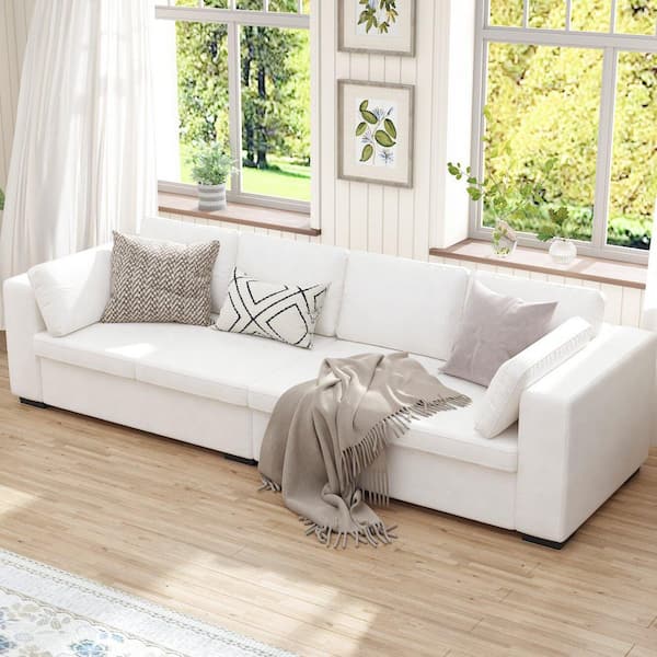 Modern 109.5 in. Straight Arm Matte Fabric Rectangle 4-Seat with Plush Cushions and 2-Armrest Pillows Sofa in White