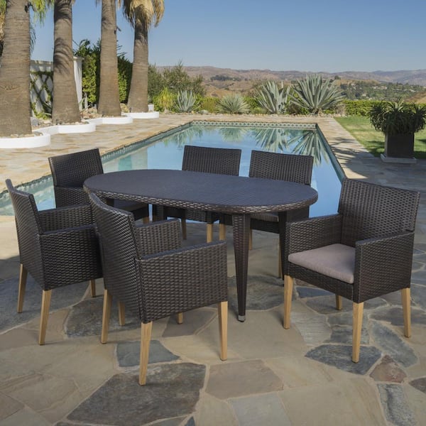 Noble House Kala Multi-Brown 7-Piece Plastic Outdoor Dining Set with Mocha Cushions