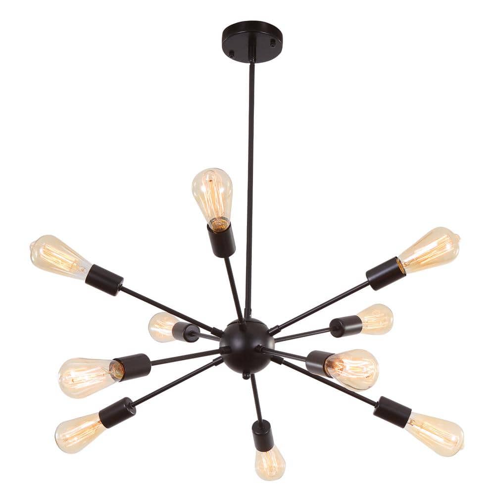 10-Light Black Modern Dimmable Sputnik Chandelier, Farmhouse Chandelier Lig