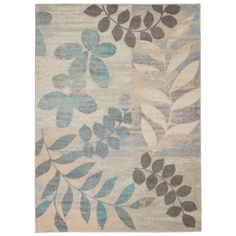 Ivory and Light Blue Floral Synthetic 6' x 9' Area Rug