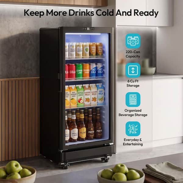 21.3 in. Single Zone 220-Cans Freestanding/Built-in Beverage Refrigerator Cooler in Black with LED Light, See-Thru Door