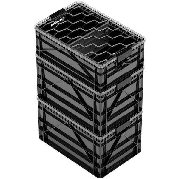Crate Starter Pack 2 Full-Size and 1 Half-Size Heavy Duty Stackable Storage Bins with Lids and Dividers Black