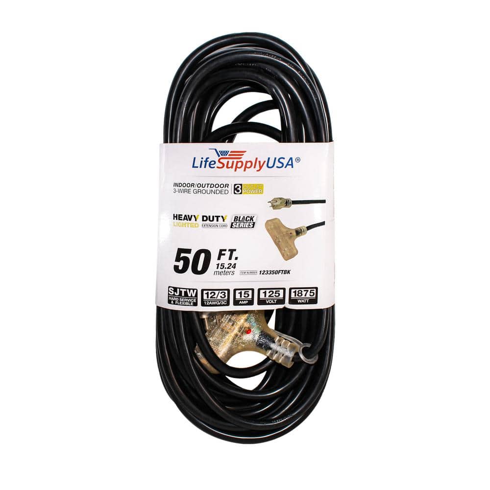 LifeSupplyUSA 50 ft. 12/3 SJTW 3-Outlet 15 Amp 125-Volt 1875-Watt Indoor/ Outdoor Black Heavy-Duty Tri-Source Extension Cord (20-Pack) 20123350FTBK  The Home Depot