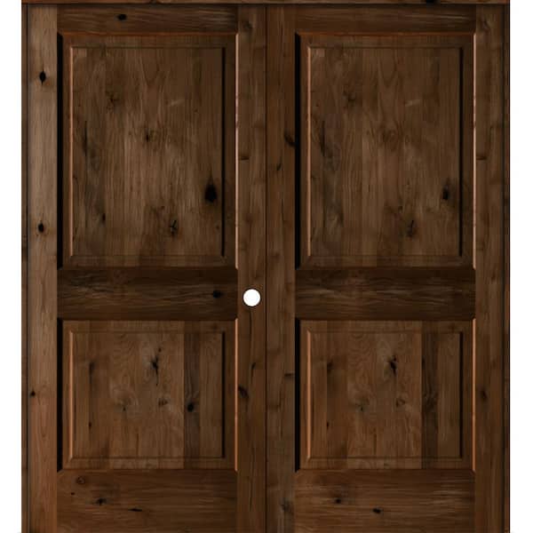64 in. x 80 in. Rustic Knotty Alder 2-Panel Left-Handed Provincial Stain Wood Double Prehung Interior Door w/Square-Top