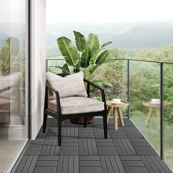GOGEXX 12 in. W x 12 in. L Outdoor Patio Square Slat Plastic Interlocking Composite Flooring Deck Tile in Gray (Pack of 9 Tile)