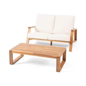 Swanton Outdoor Acacia Wood Loveseat and Coffee Table Set with Cushions, Teak and Beige