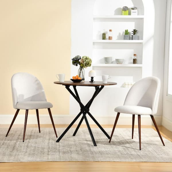 HAVFONTANA 3-Piece Mocha Walnut Round Wood Dining Table Set with 2 Upholstered Chairs in Ivory White (Seats 2)