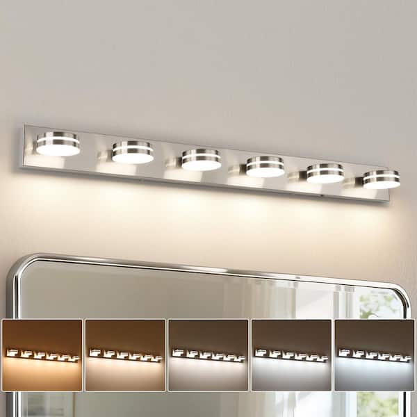 JUSHENG 47.24 in. 6 Light Nickel LED Bathroom Vanity Light with 5