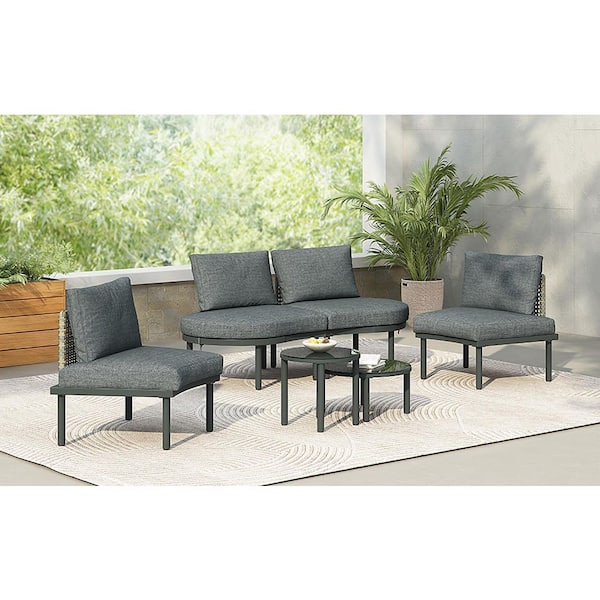 Tenleaf 6-Piece Metal Patio Conversation Set with Gray Cushions, 2 High-Low Coffee Tables, 4 Pillows