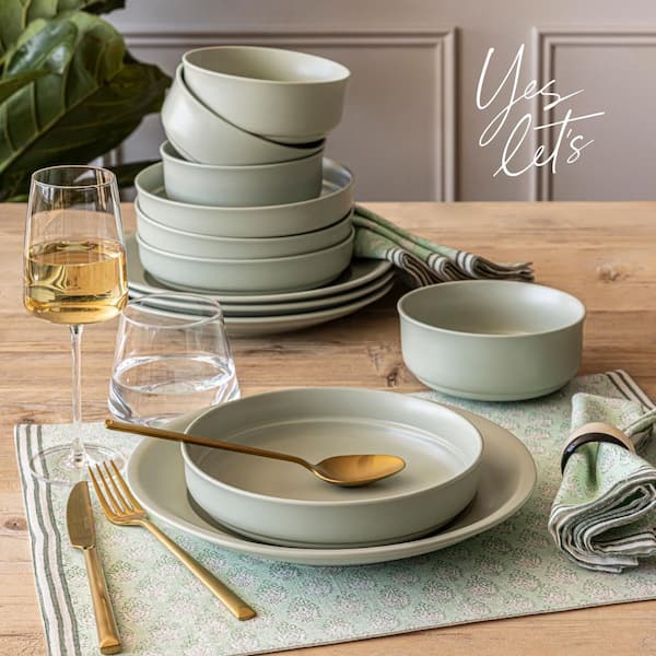 Over and Back Rimmed 12-Piece Semi-Matte Sage Hand-Finished