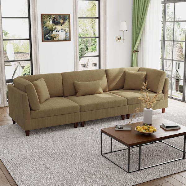 112.1 in. Straight Arm 3-Piece Corduroy Upholstered 3-Seater Sectional Sofa in Camel