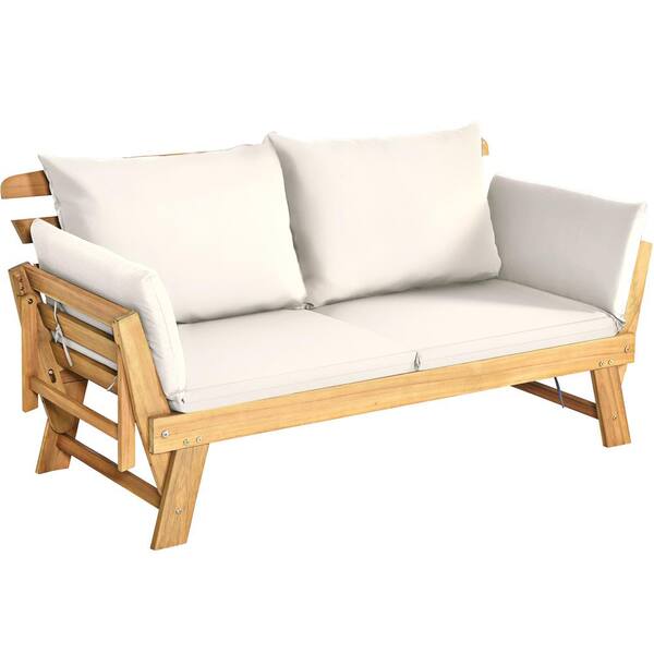 Wood Folding Outdoor Day Bed Patio Acacia Wood Convertible Couch Sofa Bed with White Cushions