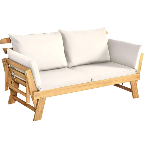 HONEY JOY Wood Folding Outdoor Day Bed Patio Acacia Wood Convertible Couch Sofa Bed with White Cushions