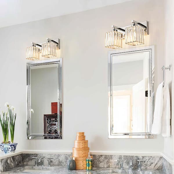 Home Lighting Fixture Width 12.59 in. 2-Light Chrome Modern Crystal Vanity Lights Wall Sconces For Bathroom（JW-002)