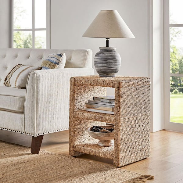 Erminio 24 in. Natural Coastal Style Grass Rope Side Table with 2-Open Shelves