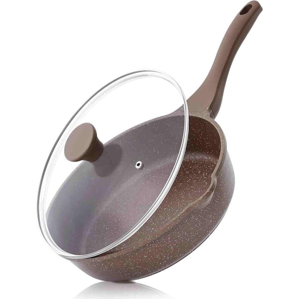 10 in. Aluminum Nonstick Frying Pan with Lid Stay-cool Handle, Cooking Pan, Induction Compatible in Toffee Brown