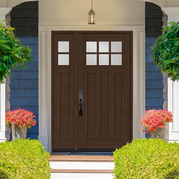 Regency 51 in. x 80 in. 6-Lite Top Lite Clear Glass LHOS Hickory Mahogany Fiberglass Prehung Front Door 12 in. Side Lite