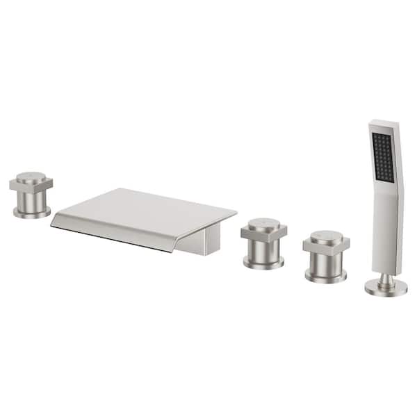 3-Handle Deck Mount Roman Tub Faucet with Stainless Steel Hand Shower in Brushed Nickel