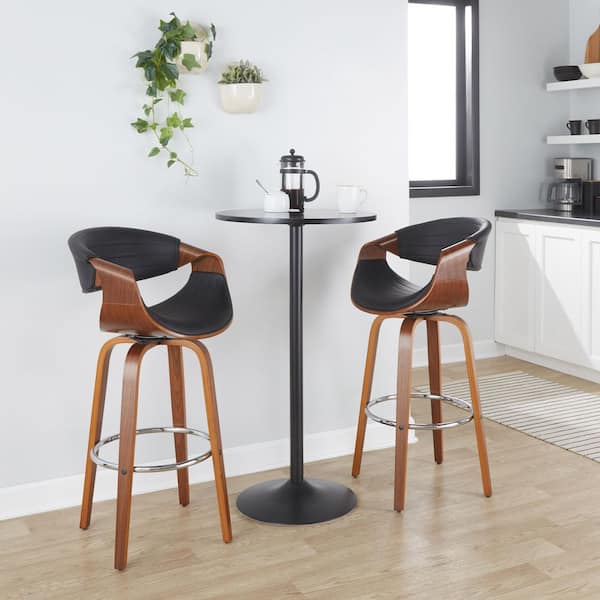 Symphony 30 in. Walnut Wood and Black Faux Leather Fixed-Height Bar Stool with Bent Wood Legs, Round Footrest (Set of 2)