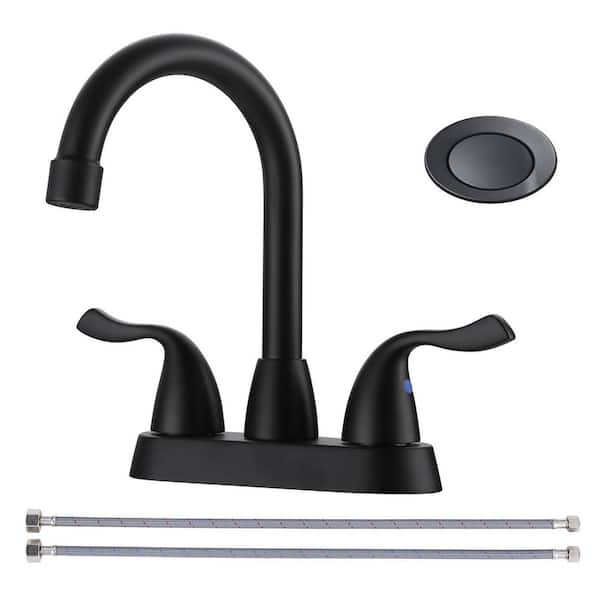Modern Double Handle 4 in. Centerset Bathroom Faucet with Lift Rod Drain Assembly in Matte Black