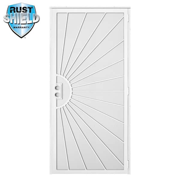 36 in. x 80 in. Solana Rust Shield White Surface Mount Outswing Steel Security Door with Perforated Metal Screen