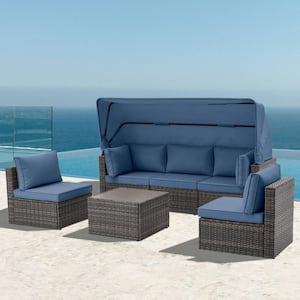 6-Piece Wicker Patio Conversation Set With Adjustable Canopy and Backrest Blue Cushions for Summer Outside, Backyard