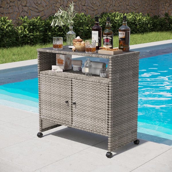 FUFU&GAGA Large Outdoor Rolling Wicker Bar Counter Table Patio Serving Bar Cart with Storage for Poolside, Porch, Backyard, Party
