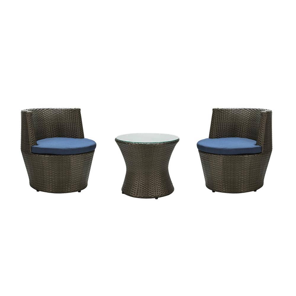 3-Piece Wicker Outdoor Bistro Set with Navy Blue Cushions Outdoor Patio Bis