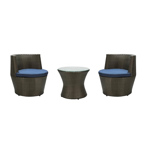 Unbranded 3-Piece Wicker Outdoor Bistro Set with Navy Blue Cushions Outdoor Patio Bistro for Garden and Yard