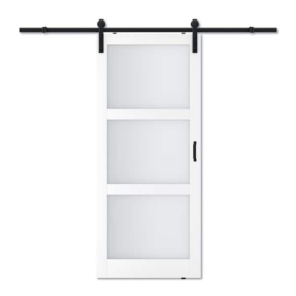 ARK DESIGN 36 in. x 84 in. 3-Lites Tempered Frosted Glass and MDF Sliding Barn Door with Hardware Kit