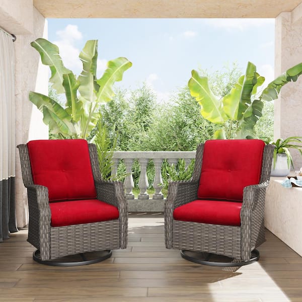 Gardenbee Wicker Patio Outdoor Lounge Chair Swivel Rocking Chair with Red Cushions (2-Pack)