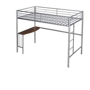 Silver Twin Size Metal Loft Bed with Desk, Loft Bed with Full-Length Guardrail, No Box Spring Needed