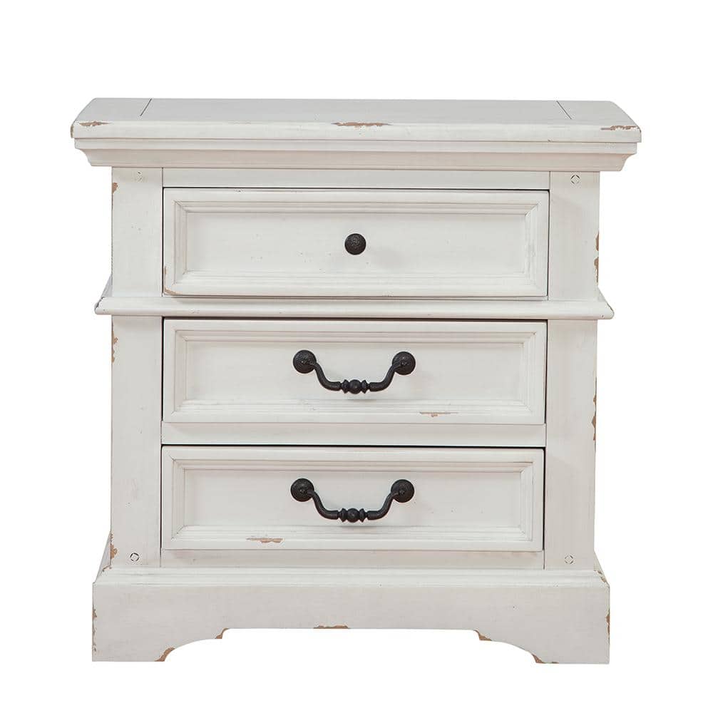 Stonebrook Antique White 3-Drawer Transitional Rustic Nightstand