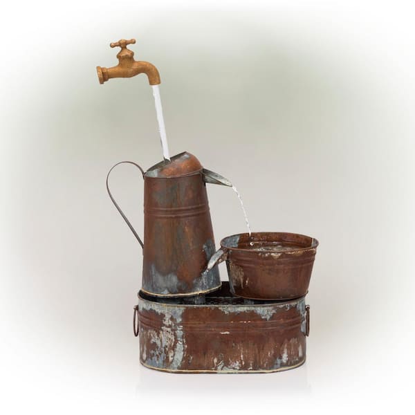 Alpine Corporation 34 in. Tall Outdoor Rustic Watering Can Fountain