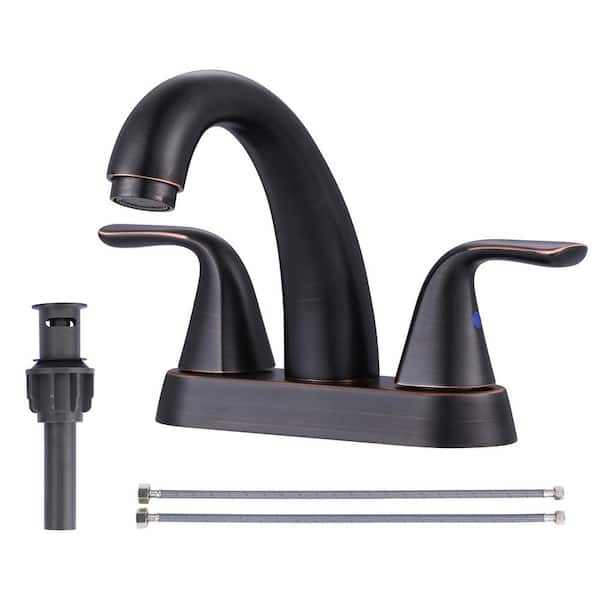 WOWOW 4 in. Centerset Double Handle Mid Arc Bathroom Faucet with Drain Kit Included in Oil Rubbed Bronze