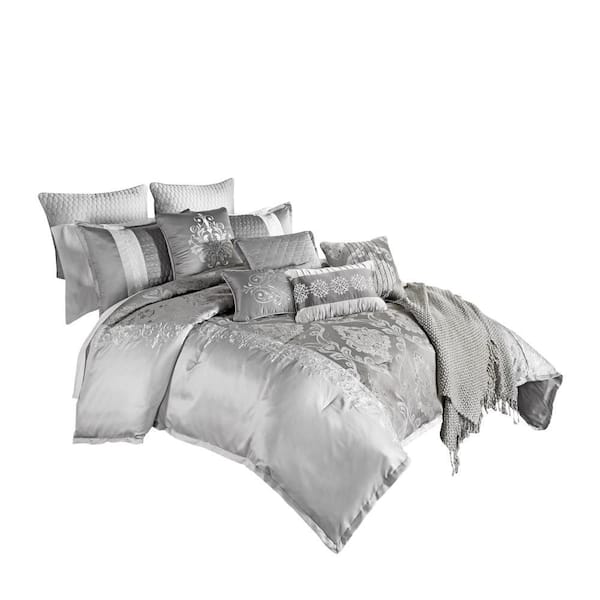 Benjara 12-Piece Gray Medallion Polyester King Comforter Set