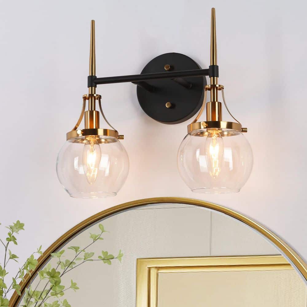 Orbline Modern 13.8 in. 2-Light Brass and Black Bath Vanity Light with Clear Globe Glass Shade, Powder Room Wall Light price history on PriceWatchPro