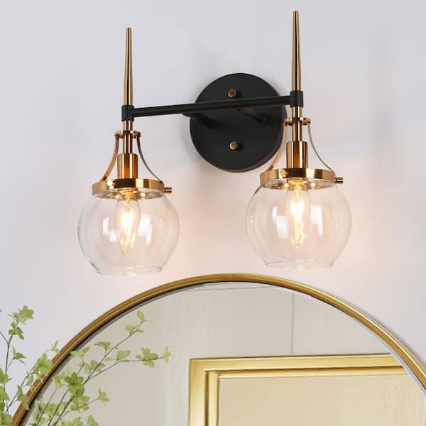 LNC Orbline Modern 13.8 in. 2-Light Brass and Black Bath Vanity Light with Clear Globe Glass Shade, Powder Room Wall Light