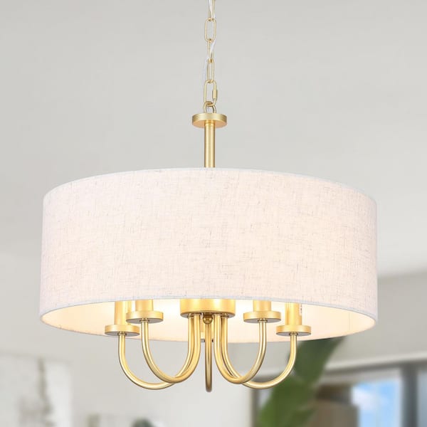 ADSENSTY 19.09 in. 5-Light Gold Modern Drum Candlestick Chandelier Farmhouse Pendant Light with Coth Shade