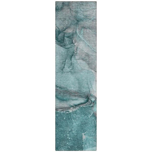 HomeRoots Teal Blue 2 ft. x 8 ft. Woven Abstract Polyester Runner Indoor / Outdoor Area Rug
