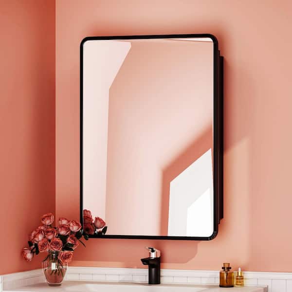 20 in. W x 28 in. H Rectangular Black Metal Framed Medicine Cabinet with Mirror