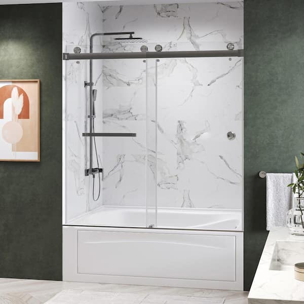 Kobiworks CatalystFP 60 in. W x 72 in. H Double Sliding Frameless Shower Door in Brushed Nickel with 3/8 in. Clear Glass