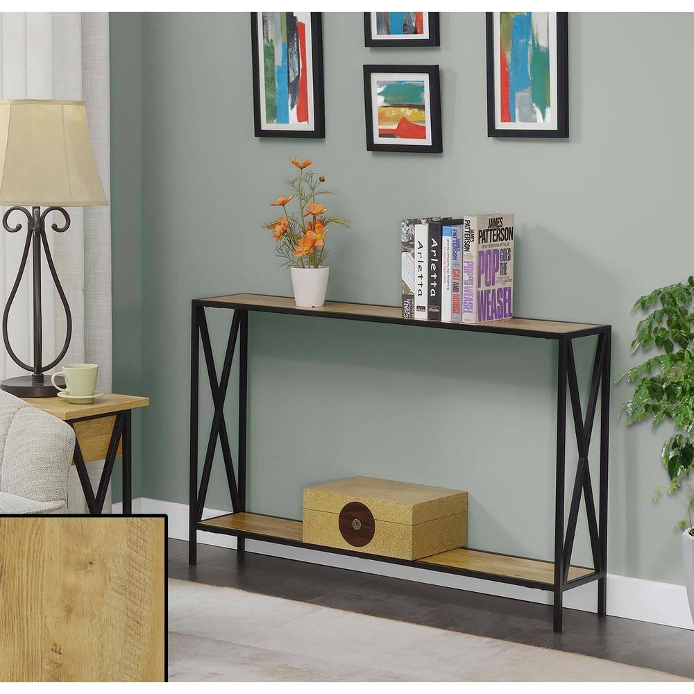 48" English Oak and Black Metal Console Table with Storage