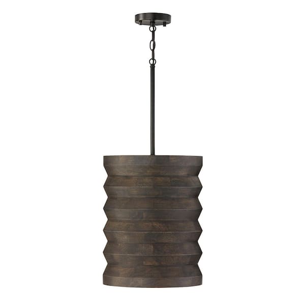 Dunn 100-Watt 1-Light Matte Black and Handcrafted Mango Wood Espresso Stain Pendant Light with No Bulbs Included