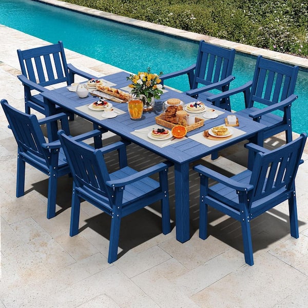 7-Piece Blue Plastic Outdoor Patio Dining Set with Arm Chairs