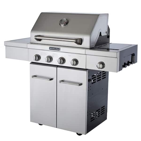 KitchenAid 4-Burner Propane Gas Grill in Stainless Steel with Side Burner and Grill Cover