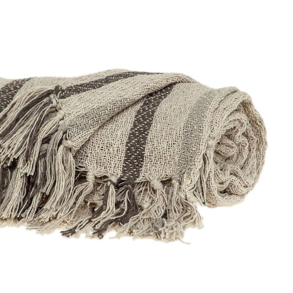 Beige and Taupe Woven Handloom Cotton Throw Blanket with Tassels