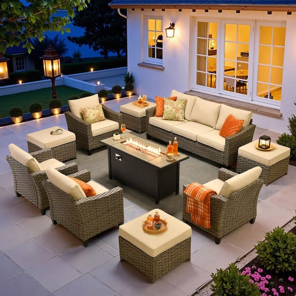 OVIOS Naturno Gray 10-Piece Wicker Patio Rectangle Fire Pit Conversation Set with Beige Cushions